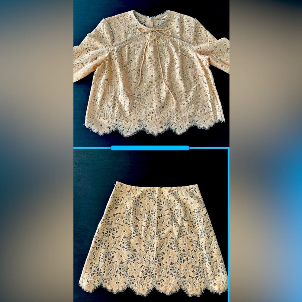 Sandro Paris Utopie Cropped Floral Lace Crystal Beige Top and Skirt Set Size 3